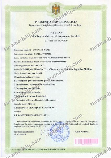 Moldavia Certificate of Incorporation